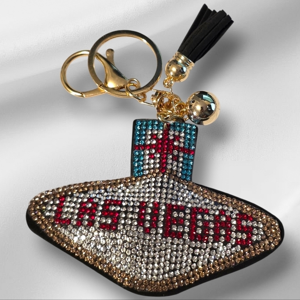 Las Vegas Rhinestone Bag Charm Keychain with Gold Accents